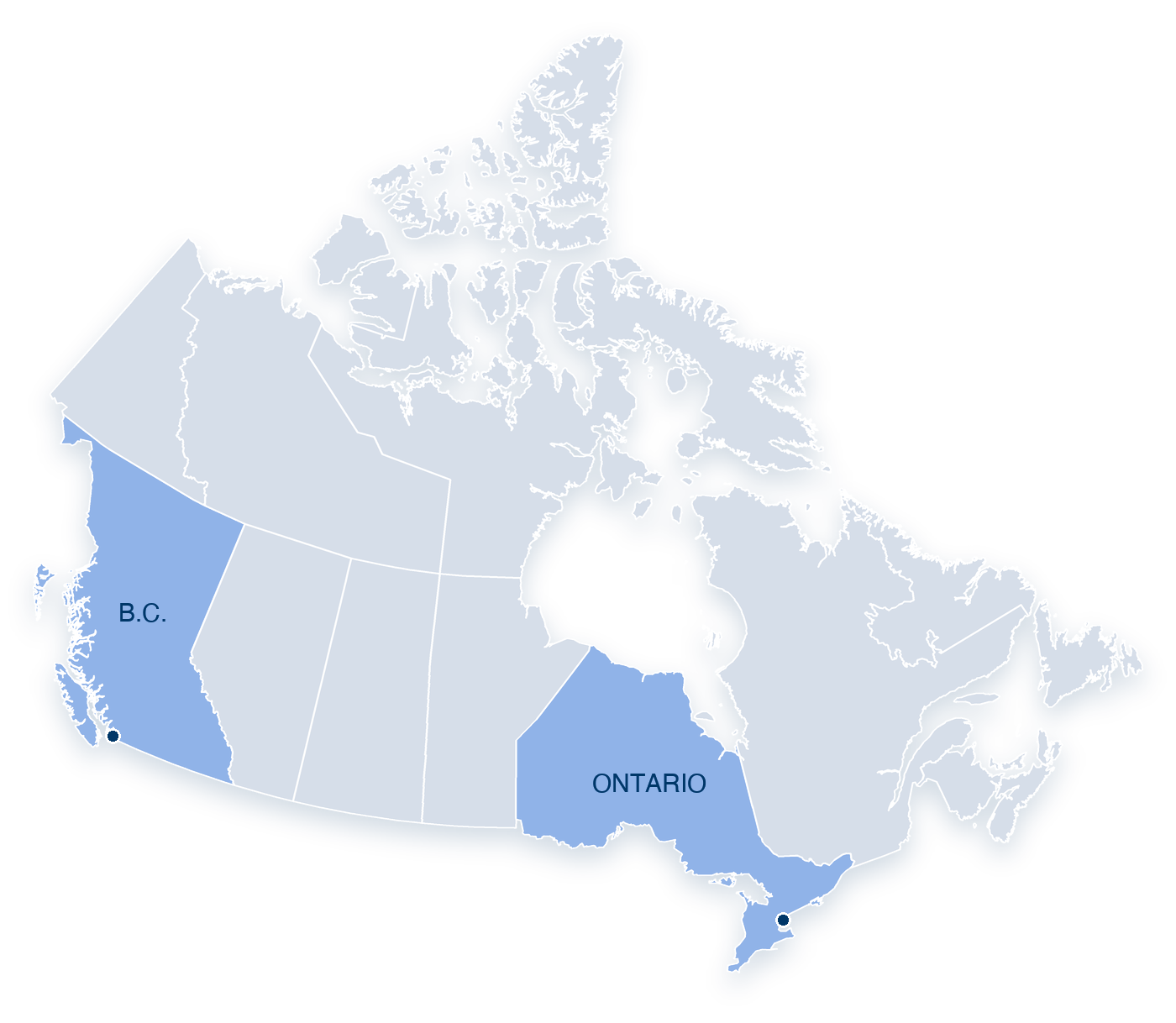 Map of Canada with Ontario and British Columbia highlighted