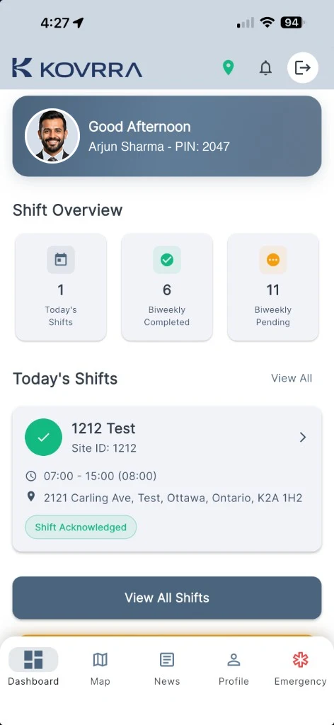 Kovrra guard dashboard showing today's shift and shift overview