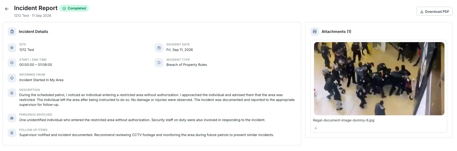Kovrra incident report with details, follow-up items and a photo, using test data