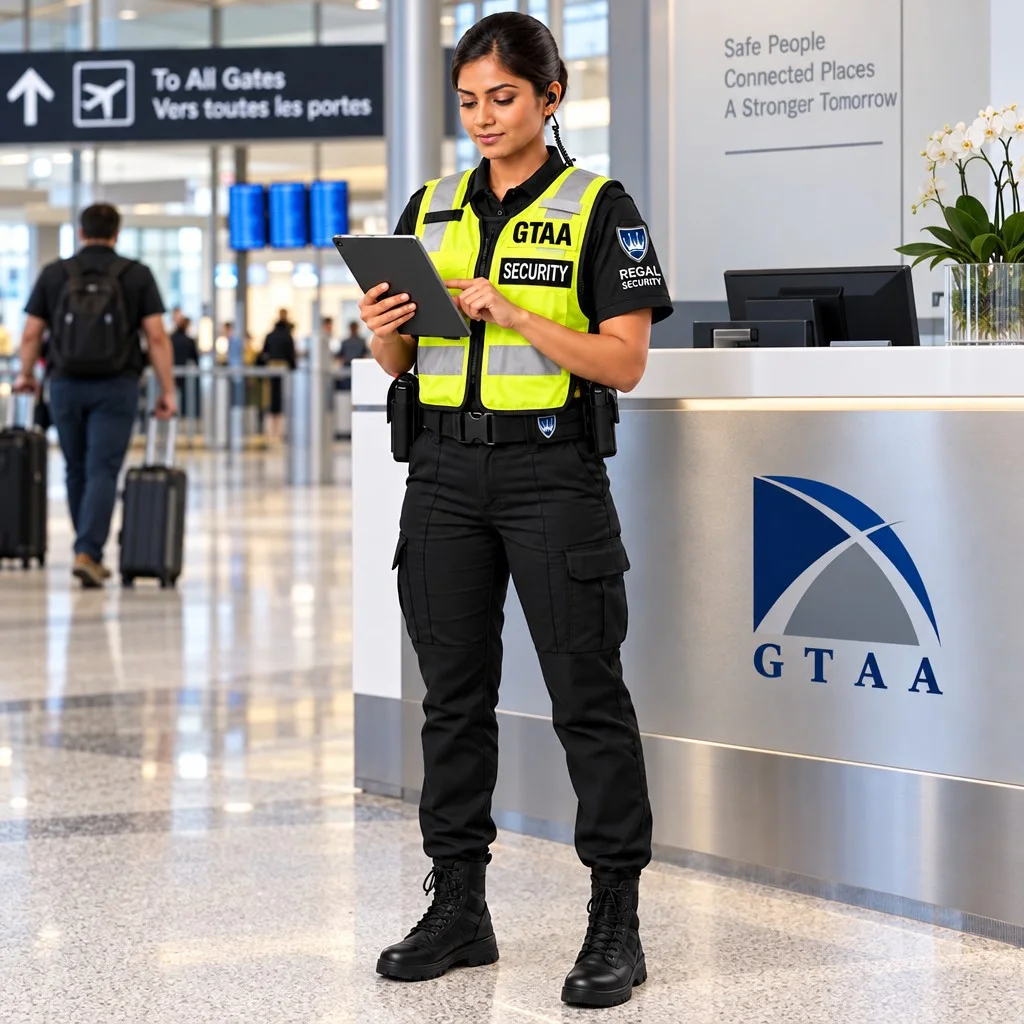 Regal Security officer in a high-visibility vest using a tablet in an airport terminal