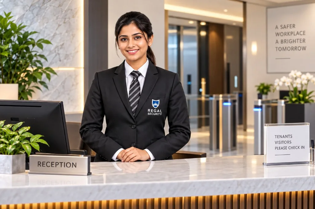 Regal Security concierge smiling at a building reception desk