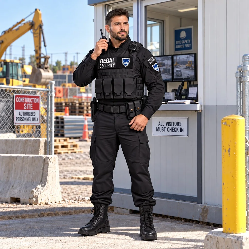 Regal Security officer on the radio at a construction site gatehouse