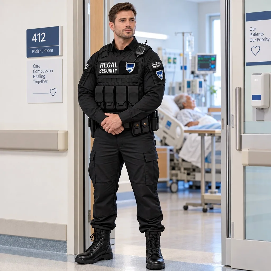 Regal Security officer standing watch at a hospital patient room door