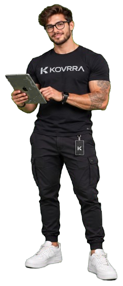 Kovrra team member reviewing shift reports on a tablet