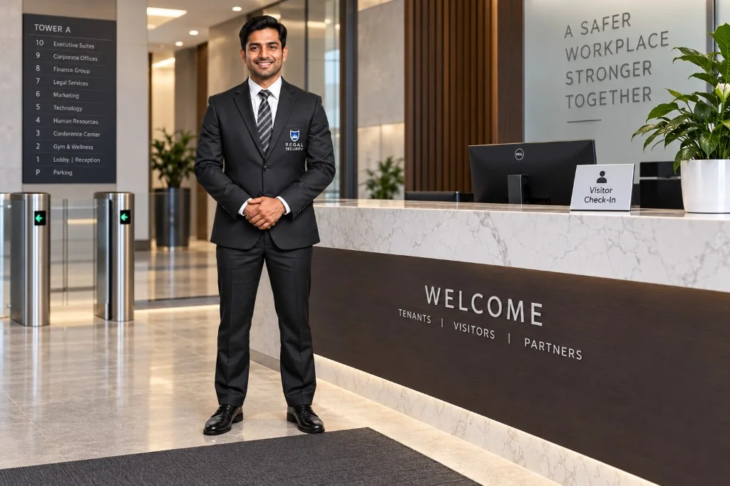 Regal Security officer in a suit at an office tower reception desk