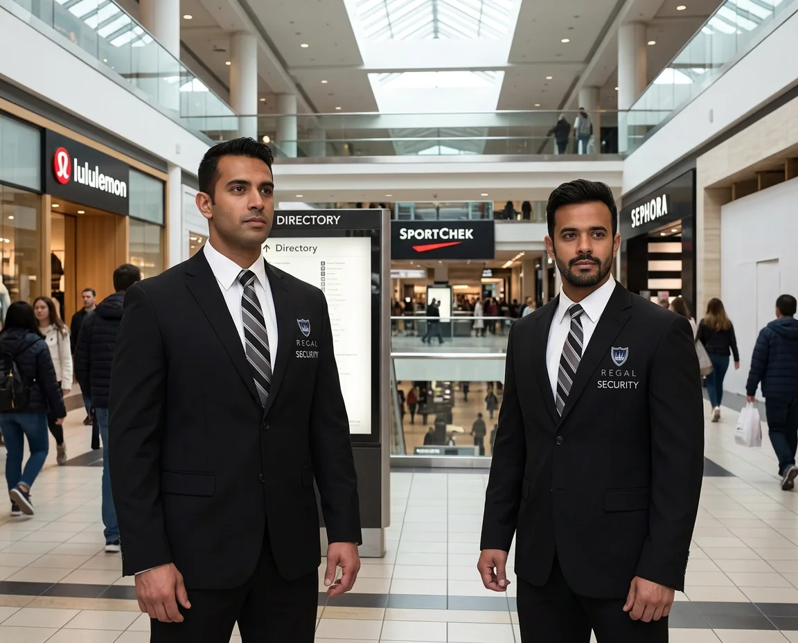 Two Regal Security officers in suits on patrol in a shopping centre
